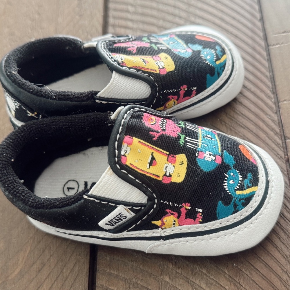 Vans Kids Slip-On Sneakers - Black with Colorful Cartoon Print